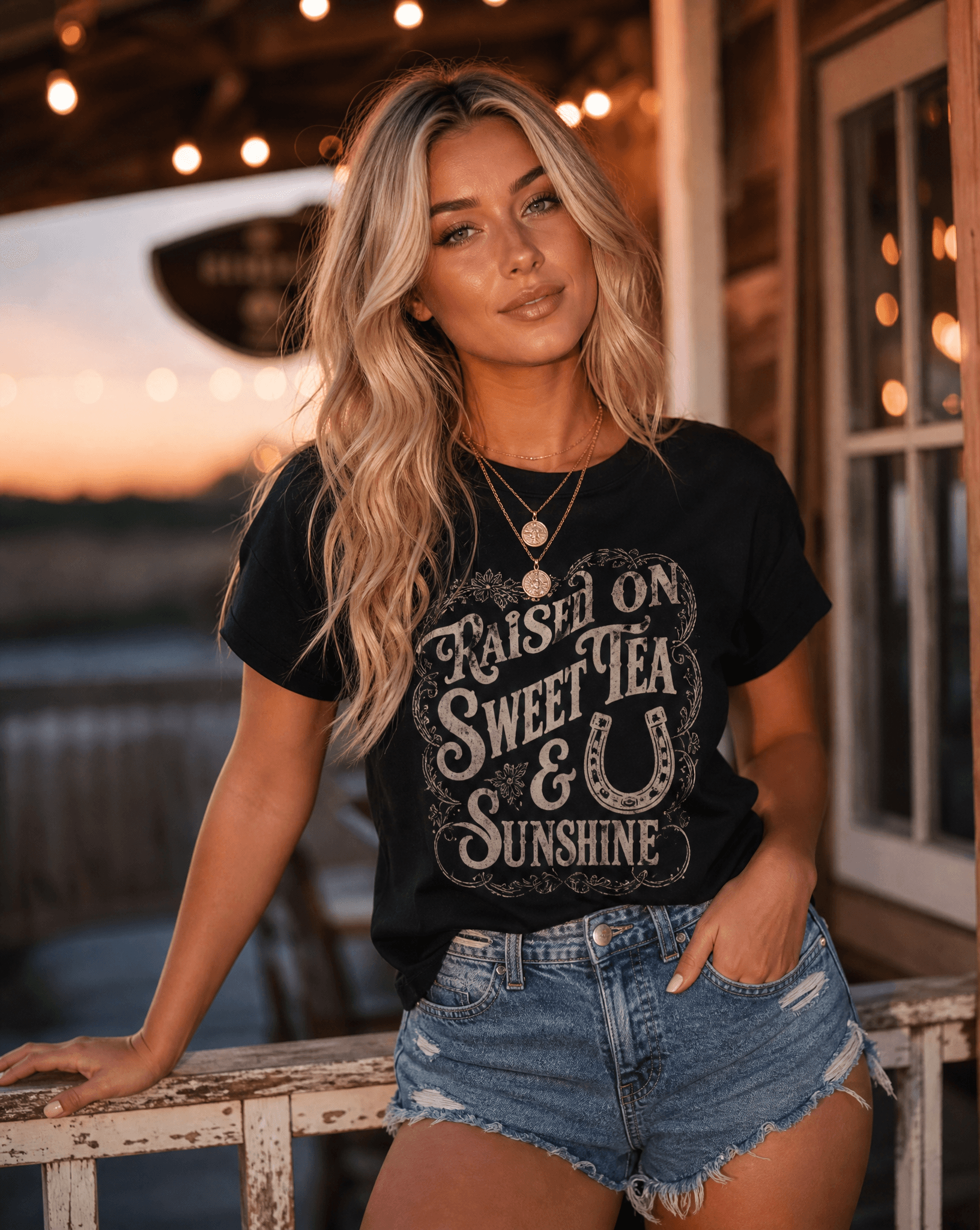 Model wearing Branded West tee