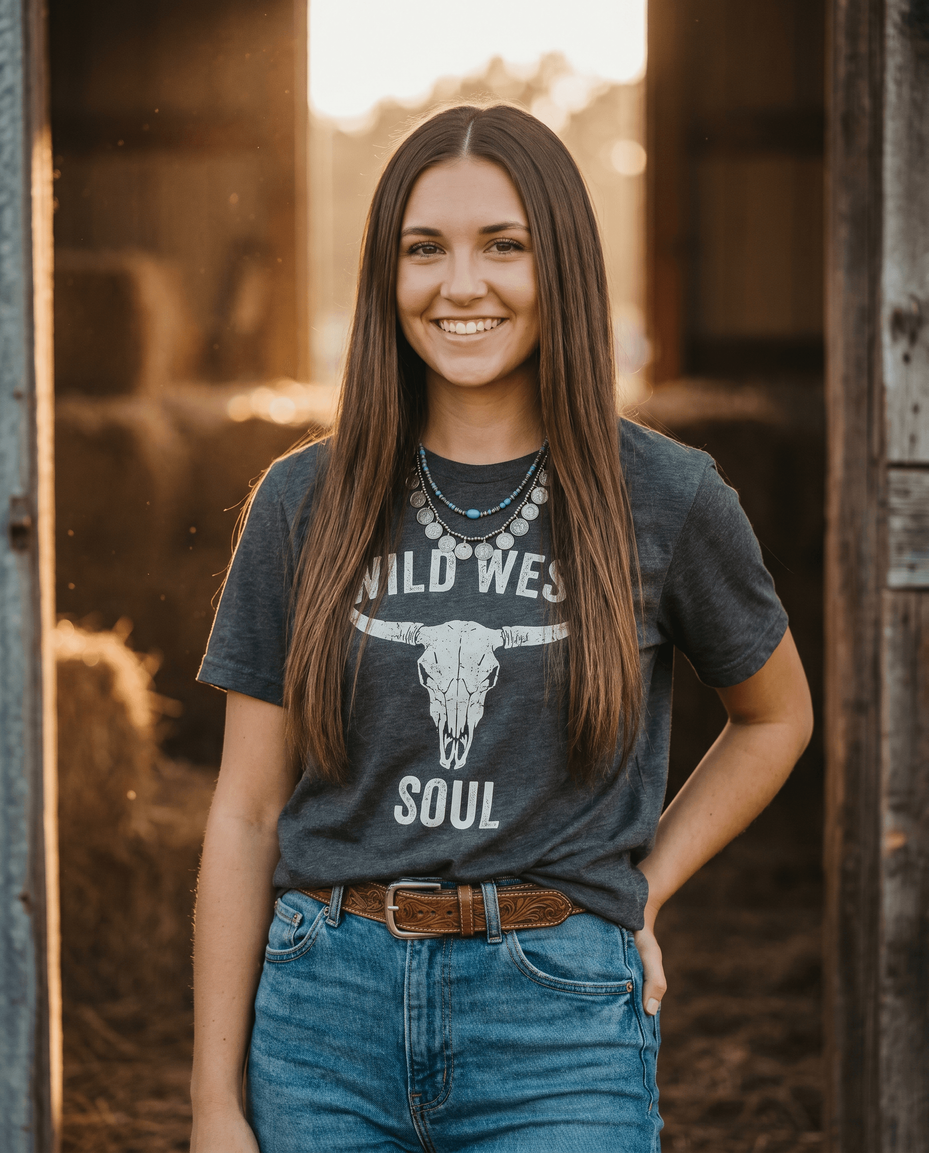 Model wearing Branded West tee